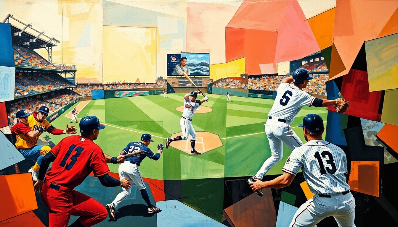 A fractured, multi-perspective painting in the style of Pablo Picasso, breaking down a baseball game or match into sharp, overlapping geometric planes. The painting captures the raw energy and tension of the sport, with players' forms dissolving into abstract shapes and colors.