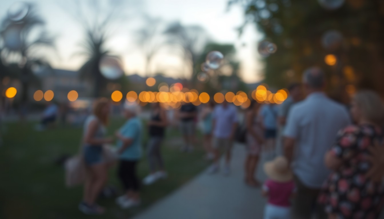 An impressionistic, out-of-focus photograph showing a hazy scene of people gathered in a local park on a summer evening, with soft pools of warm light and color creating a sense of atmosphere and community.