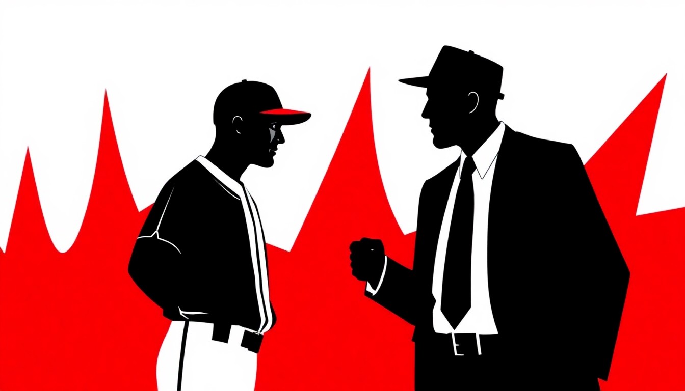 A bold, minimalist composition of jagged red, white, and black geometric shapes, conceptually representing the confrontation between a baseball manager and a marshmallow salesman.
