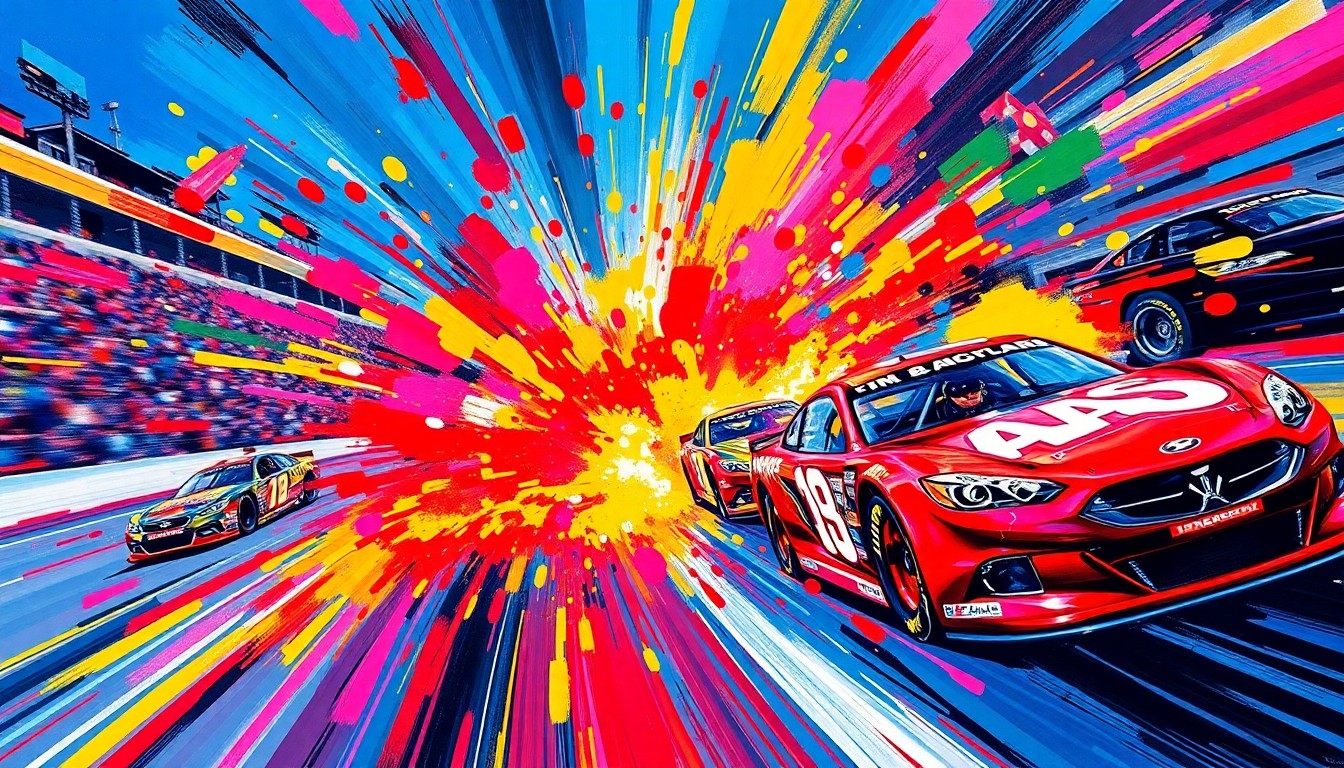 An abstract, expressionist painting in neon colors depicting the blurred motion and speed of a NASCAR race, with the cars and drivers dissolving into vibrant brushstrokes.