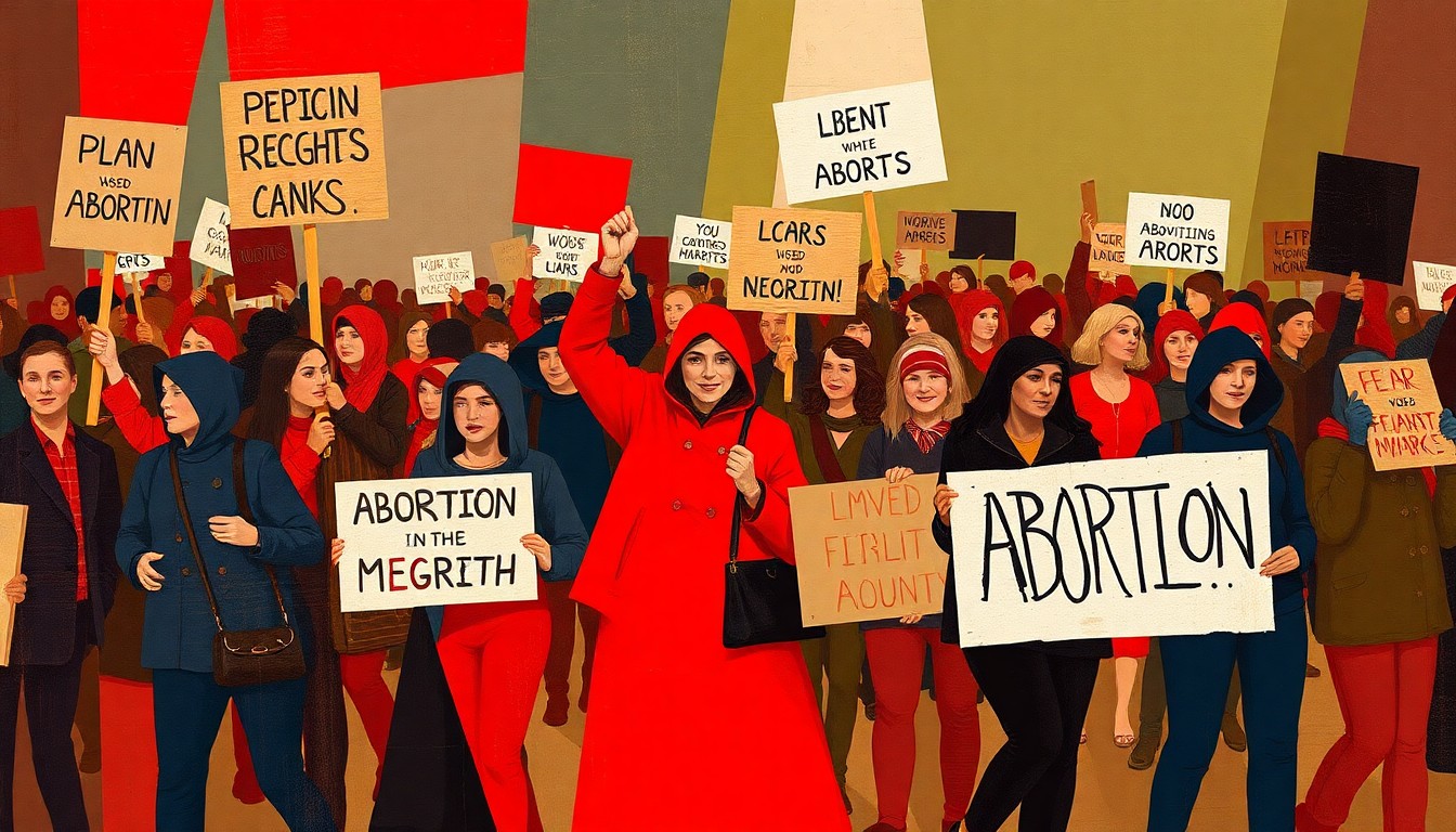 A vibrant, abstract painting with overlapping, fractured shapes and waves of deep red, navy blue, and olive green, conceptually representing the political tensions and competing forces around abortion rights in Ohio.