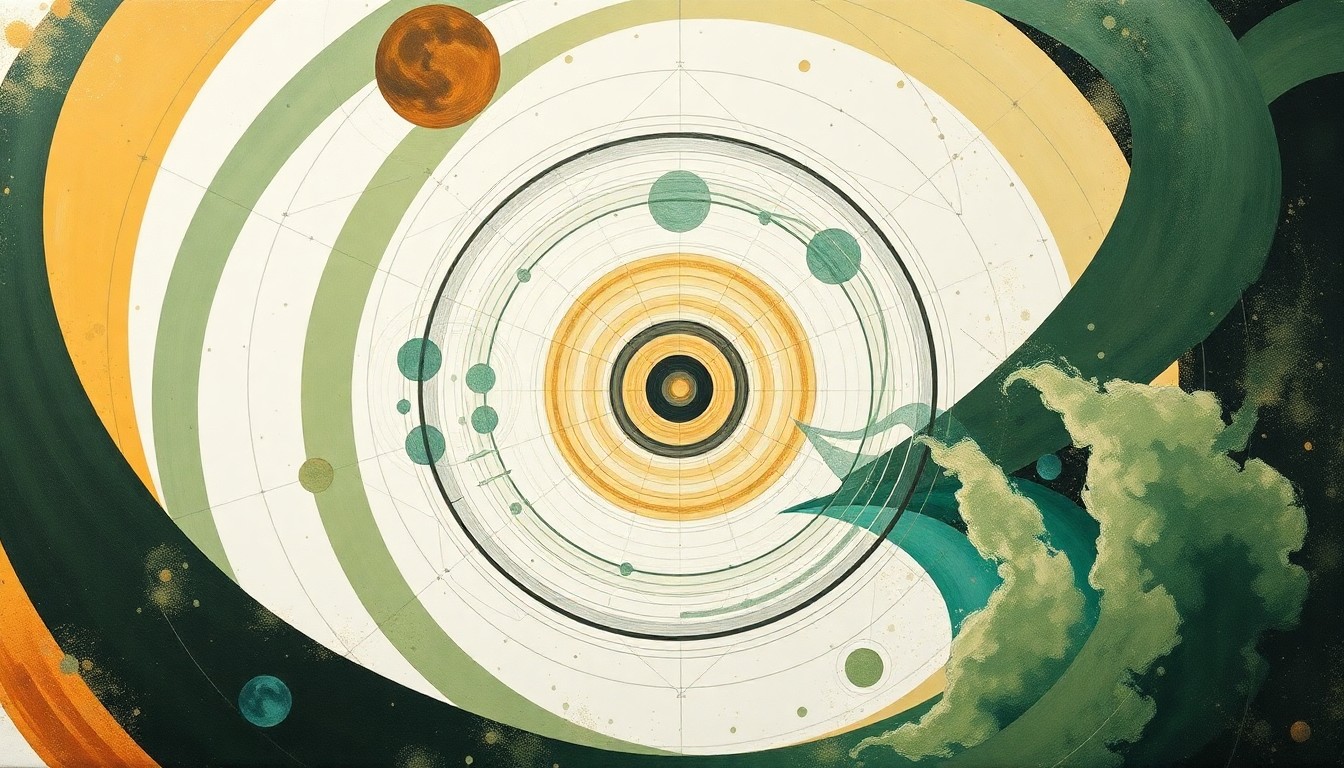 A bold, abstract painting in earthy tones of green, brown, and blue, featuring sweeping geometric arcs, concentric circles, and precise spirals, conceptually representing the complex scientific theories and forces explored by physicist Carl H. Brans.