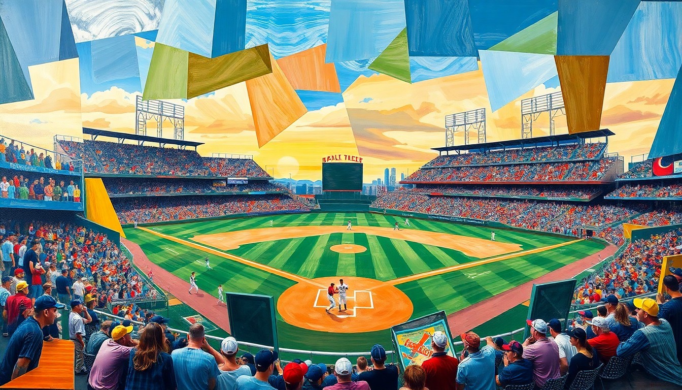 A cubist, geometric painting depicting a baseball game, with the players and field elements broken down into abstract shapes and planes of vibrant colors.