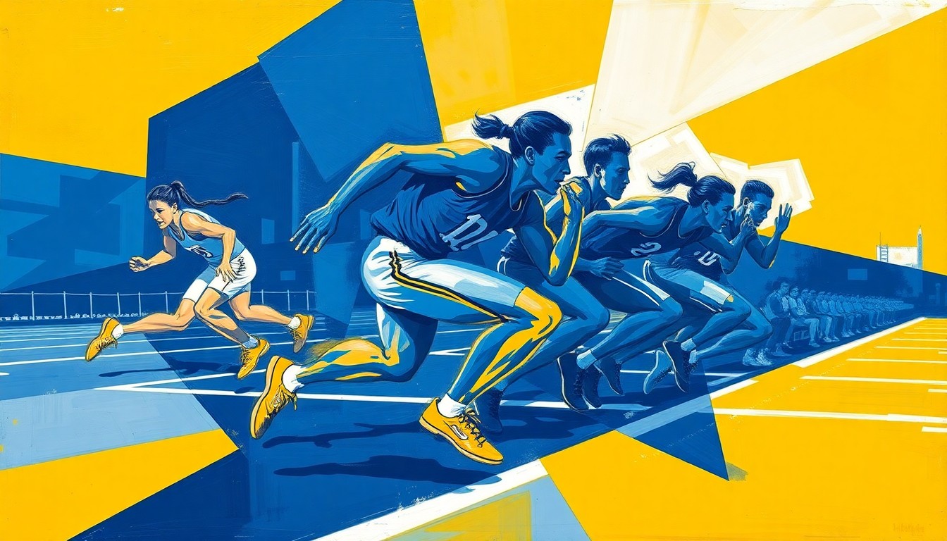 A fractured, multi-perspective painting in bold navy blue, gold, and white geometric shapes, capturing the dynamic motion and competitive spirit of a track and field event at Bloomfield High School.