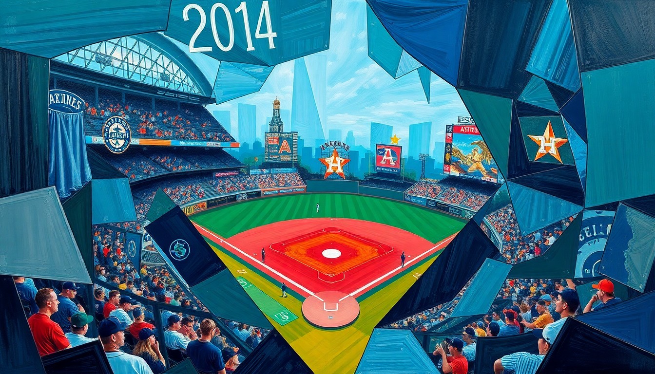 A cubist, geometric painting depicting a baseball game between the Seattle Mariners and Houston Astros, with sharp, overlapping planes of color representing the action on the field.