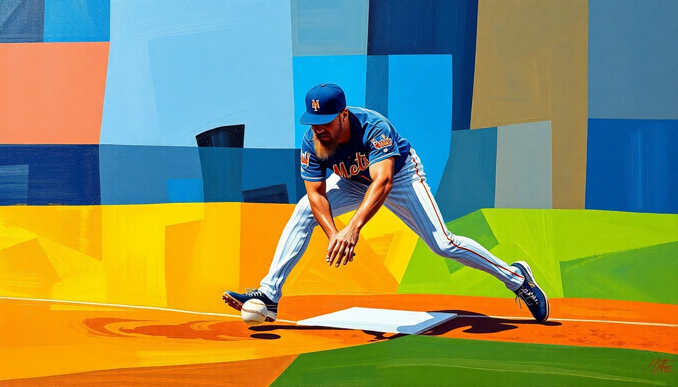 A cubist, geometric painting depicting a baseball player in an orange and blue uniform fielding a ground ball at third base, the player's form broken down into sharp, overlapping planes of color.