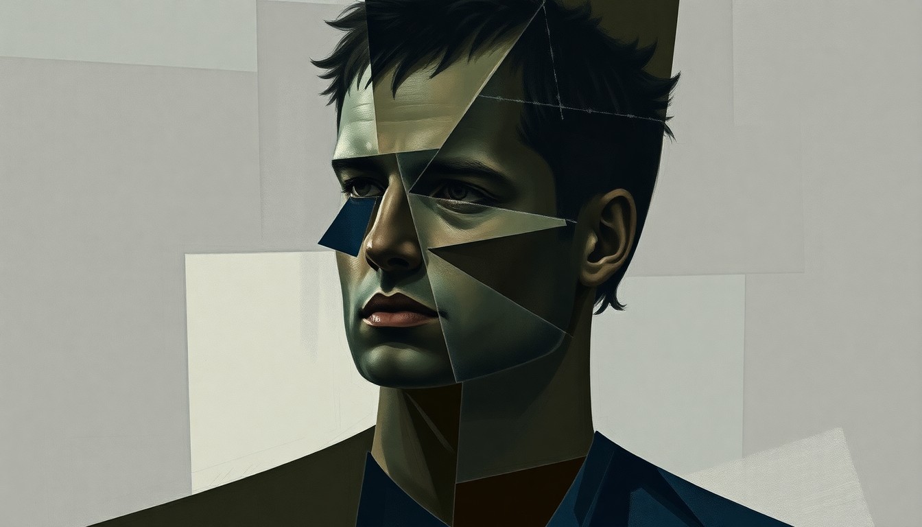 A fragmented, cubist-style painting depicting the silhouette of a football player broken down into sharp, overlapping geometric shapes in a muted color palette, conveying the somber mood of a tragic loss.