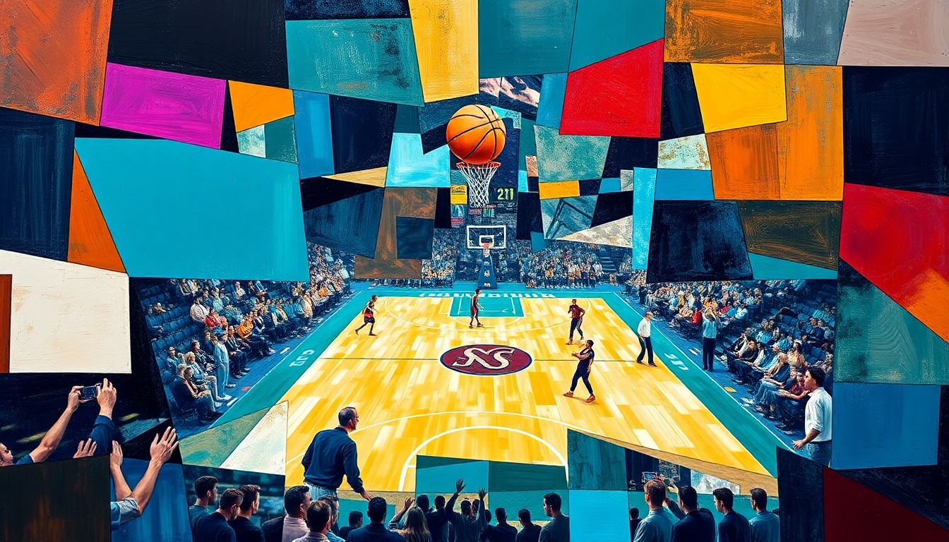 A cubist-style painting depicting a basketball game between the Miami Heat and Charlotte Hornets, with the players and court broken down into sharp, overlapping geometric shapes and planes of color.