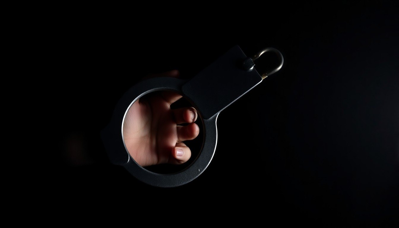 An extreme close-up photograph of a handcuff or other law enforcement evidence against a pitch-black background, lit by a harsh, direct camera flash, conceptually illustrating the investigative process behind this arrest.