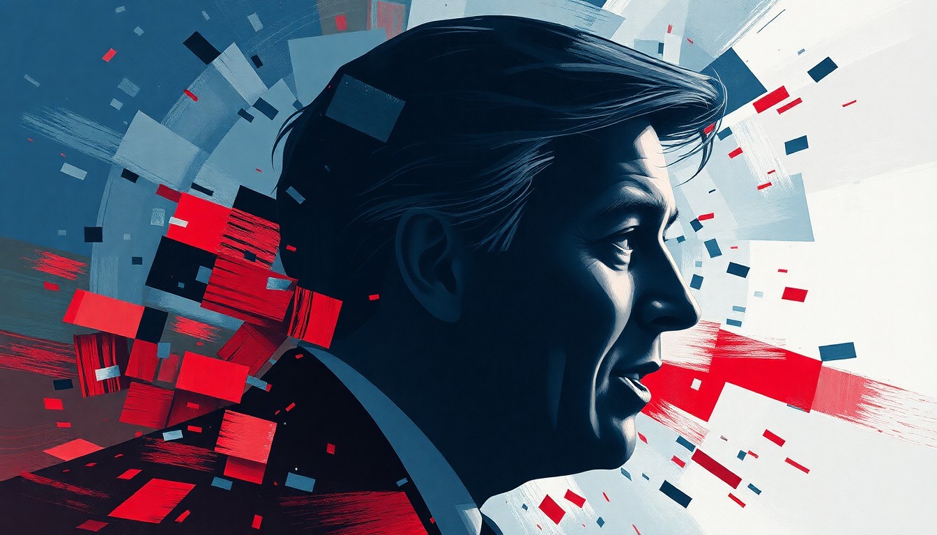 A dynamic, abstract painting in shades of blue, grey, and red depicting the fractured silhouette of a politician's head in motion, conveying a sense of turbulence and investigation surrounding the subject.