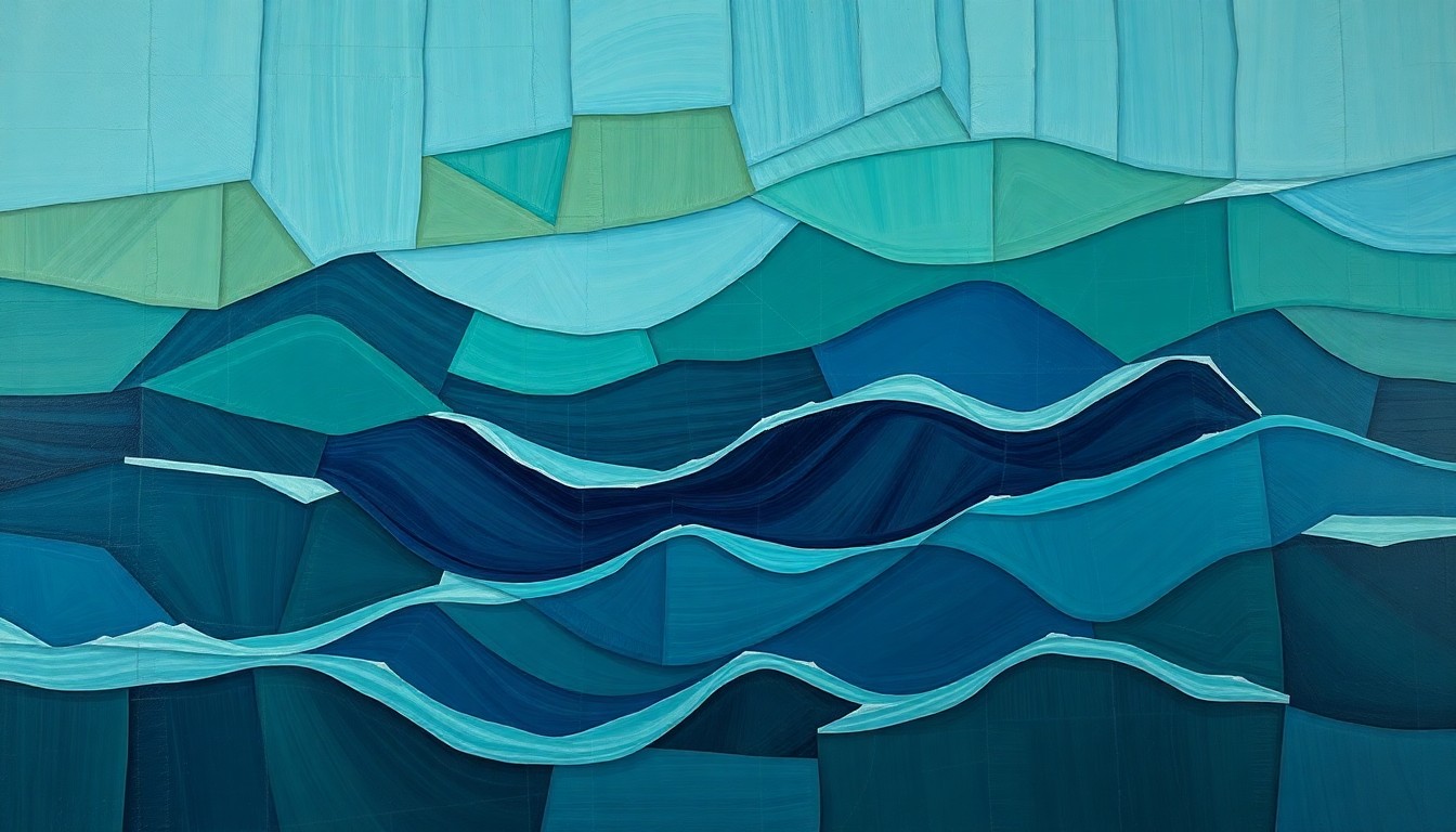 A highly textured, abstract painting of the Strait of Hormuz in shades of blue, green, and grey, with the waterway depicted in overlapping, fragmented geometric shapes, conveying a sense of instability and uncertainty surrounding the geopolitical tensions in the region.