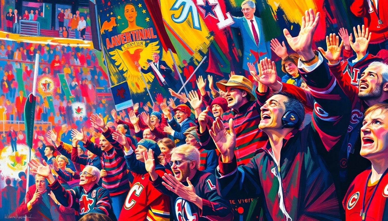 An abstract, energetic painting featuring bold, neon-colored brushstrokes that evoke the raw emotion and excitement of a hockey arena filled with cheering fans.