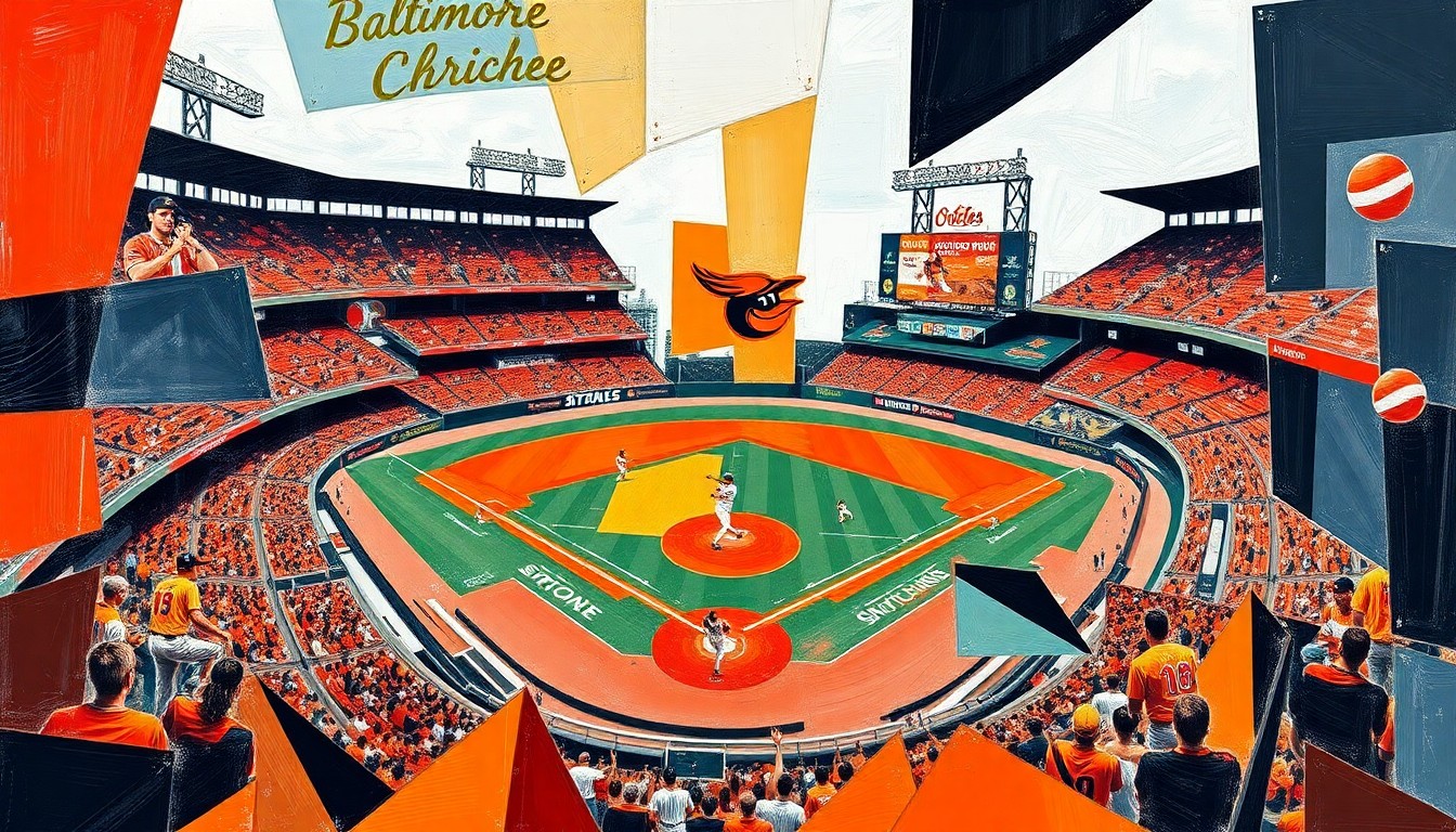 A cubist, geometric painting depicting a baseball game or match, with the players and field broken down into sharp, overlapping planes of orange, black, and white colors representing the Baltimore Orioles.