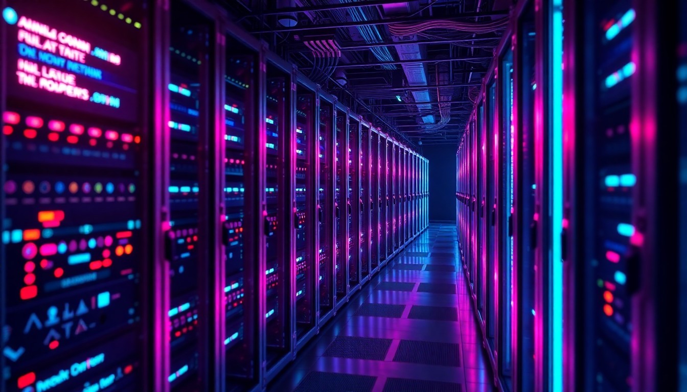 A highly detailed, glowing 3D illustration of futuristic data center hardware, with server racks and cooling systems illuminated by vibrant neon lights, representing the immense compute power needed to power Anthropic's advanced AI technology.