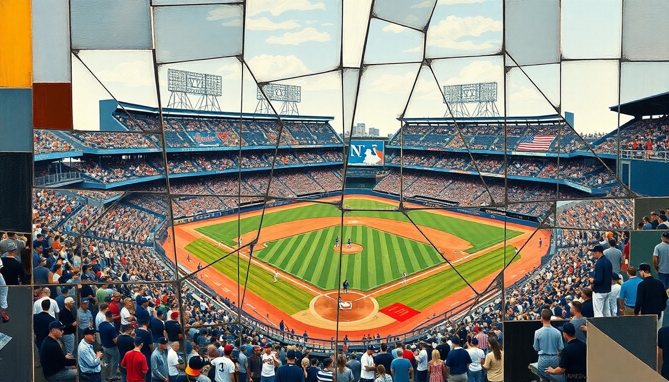 A cubist, geometric painting depicting a baseball game or match between the New York Yankees and New York Mets, with the players and field broken down into sharp, overlapping planes of color and shape, creating a sense of fragmentation and disunity.