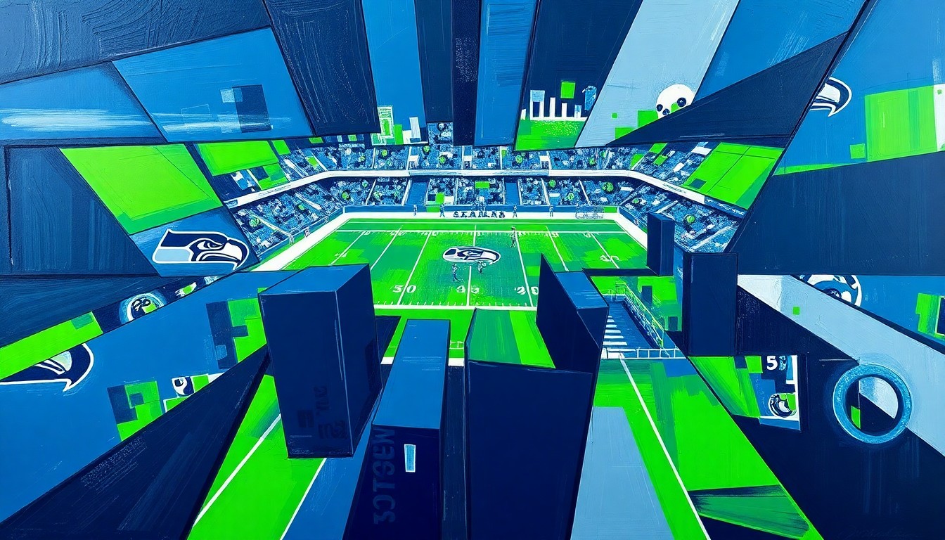 A cubist, geometric painting depicting a Seattle Seahawks football game or practice, with sharp, overlapping planes of navy blue, neon green, and silver, capturing the dynamic and multifaceted nature of the team's approach to the 2026 NFL Draft.