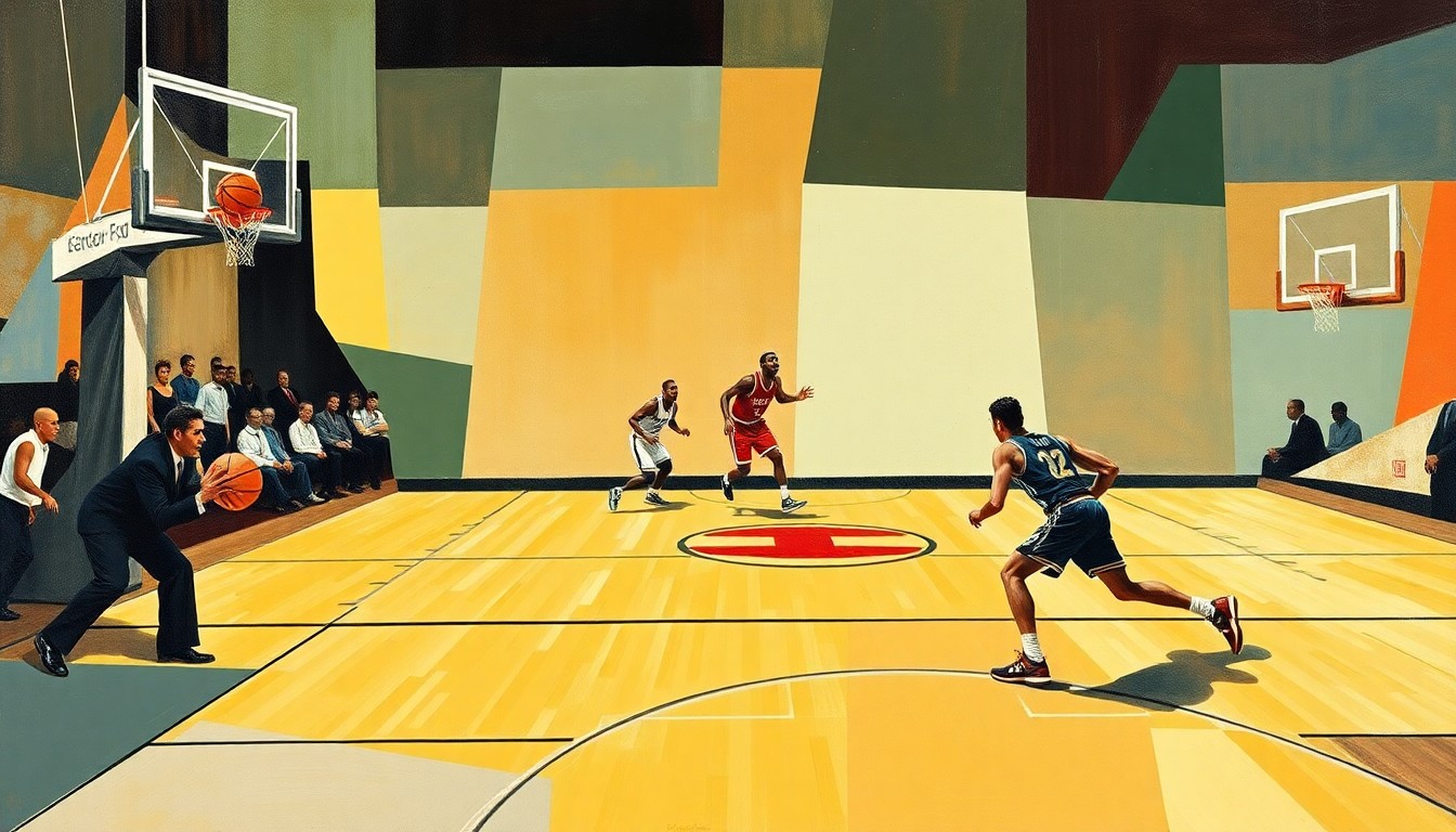 A cubist, geometric painting depicting Chet Holmgren's defensive plays and movements on the basketball court, with sharp, overlapping planes of color and form capturing the dynamism and energy of his game.