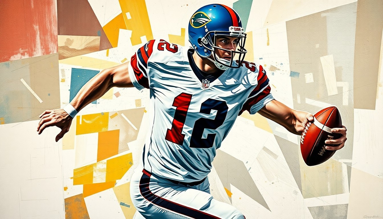 A cubist-style painting depicting a football player in motion, with their jersey number and team colors visible, but the face and other identifying details abstracted into sharp, overlapping geometric shapes.
