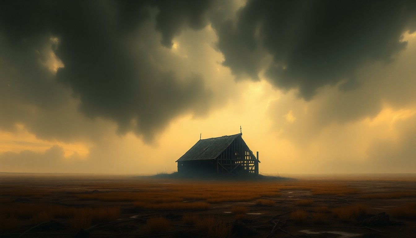 A vast, atmospheric landscape painting depicting a charred, smoldering barn surrounded by a hazy field under a heavy, ominous sky, conveying a sense of melancholy and the overwhelming power of nature.