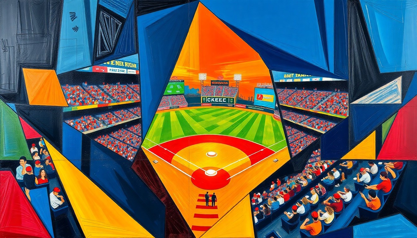 A fractured, cubist-style painting depicting the dynamic action of a baseball game, with players and the field broken down into sharp, overlapping geometric shapes in a vibrant color palette.