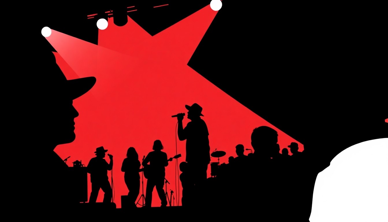 An abstract, minimalist illustration using bold black shapes and bright red and white colors to represent the vibrant energy of live music and community celebration in Athens, Texas.