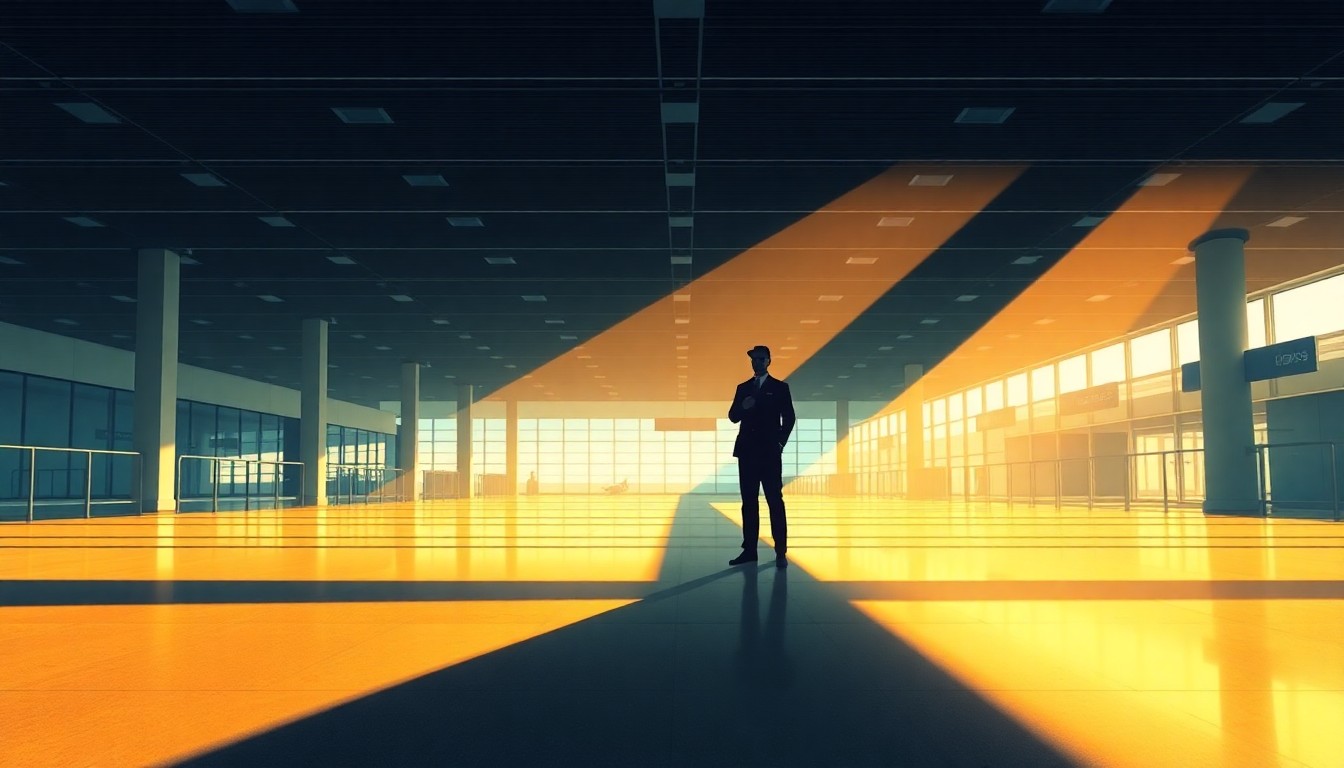 A moody, cinematic painting of a lone TSA agent standing in an empty airport terminal, the space bathed in warm, diagonal sunlight and deep shadows, conveying a sense of isolation and uncertainty.