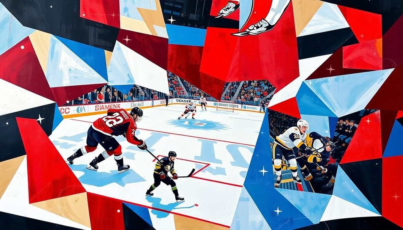 A fractured, multi-perspective painting in bold colors, breaking down a hockey game into sharp, overlapping geometric shapes that only hint at the players and action on the ice, conveying the emotional weight of a legendary career potentially coming to an end.