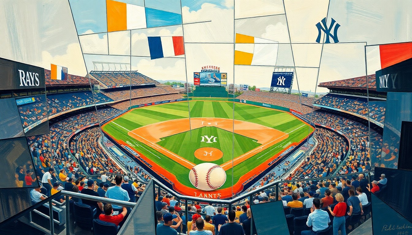 A cubist, geometric painting depicting a baseball game, with overlapping planes of color and shape representing the dynamic action on the field.