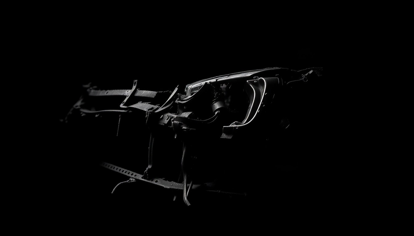 An extreme close-up photograph of a severely damaged car part, such as a twisted metal frame or shattered glass, lit by a harsh, direct camera flash against a pitch-black background, conceptually illustrating the grim aftermath of a fatal car crash.