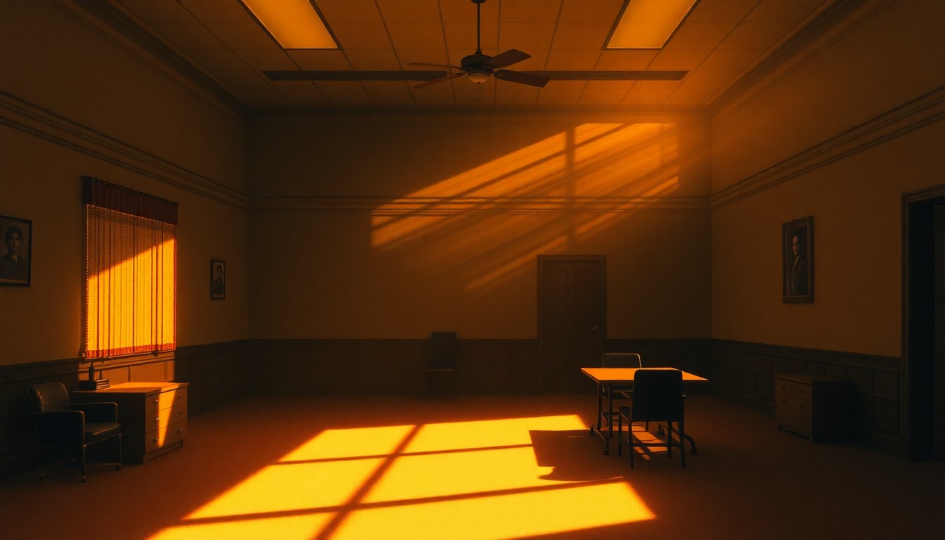 A dimly lit, cinematic painting of an empty government office or meeting room, with warm sunlight streaming in through a window and casting deep shadows across the room, conveying a sense of contemplation and unease about the political implications of homeland security funding.