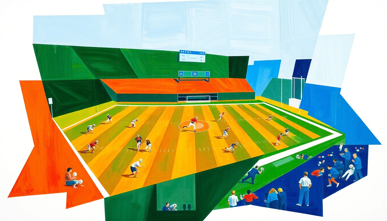 A fractured, cubist-style painting depicting a college football game, with the players and field abstracted into bold, angular shapes in a vibrant color palette, capturing the intensity and complexity of the upcoming season.