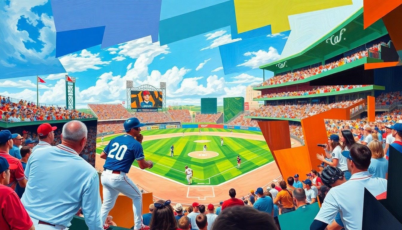 A fractured, cubist-style painting depicting the dynamic action of a college baseball game, with sharp geometric planes in the team colors of the competing schools overlapping to create a sense of motion and intensity.