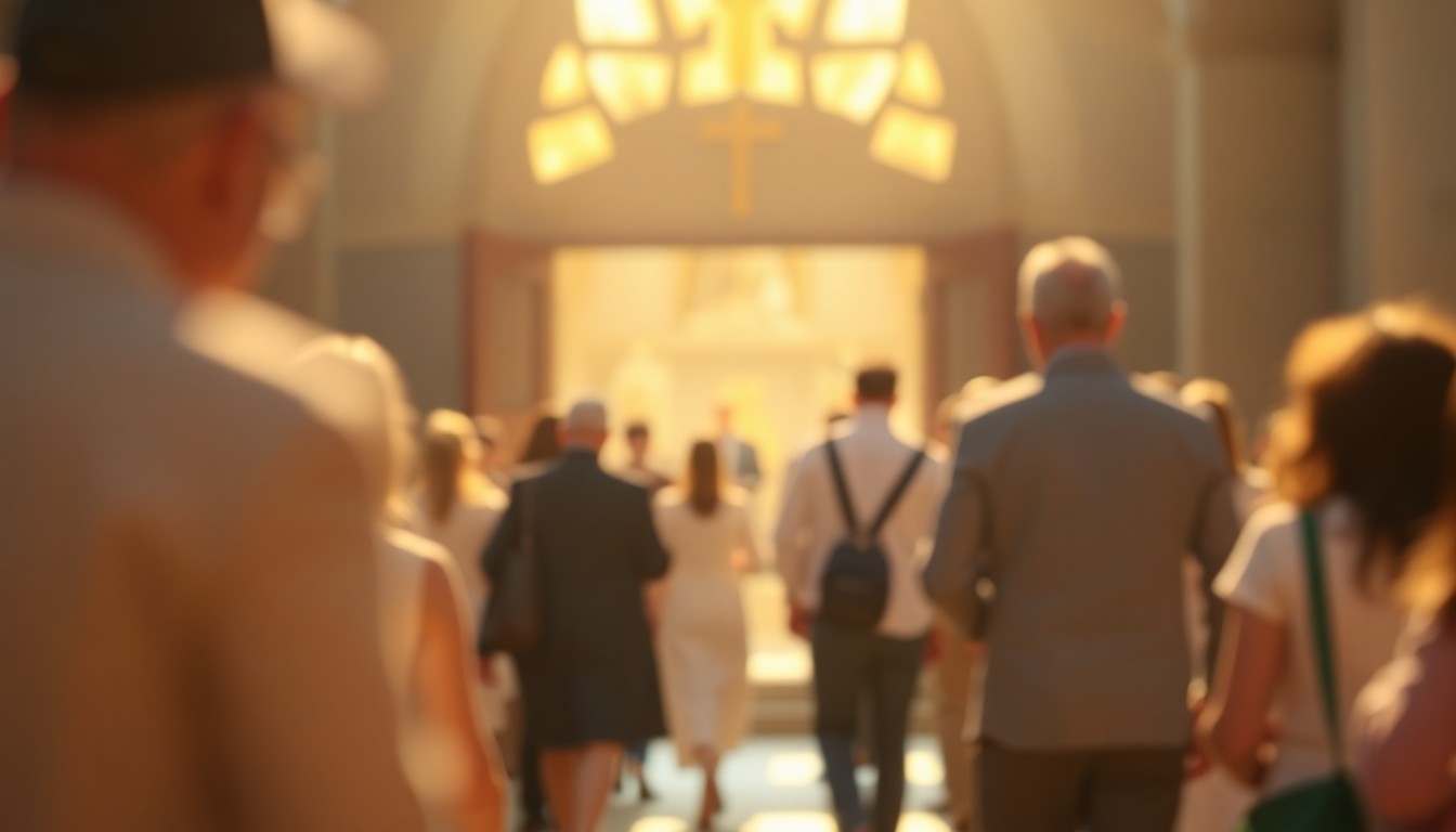 An extremely abstracted, out-of-focus photograph of people entering a church, composed entirely of soft, warm pools of light and color.