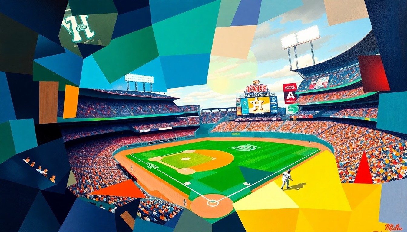 A cubist-style painting featuring overlapping geometric shapes and planes in the colors of the Mariners and Astros uniforms, capturing the dynamic energy and shifting perspectives of a baseball game.