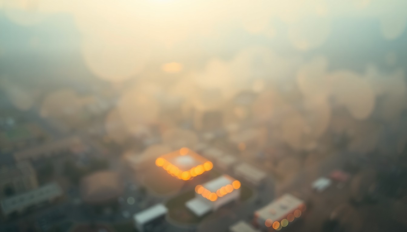 An impressionistic, out-of-focus aerial photograph showing the sprawling Coachella festival grounds below, with blurred shapes and colors representing the crowds, stages, and tents.