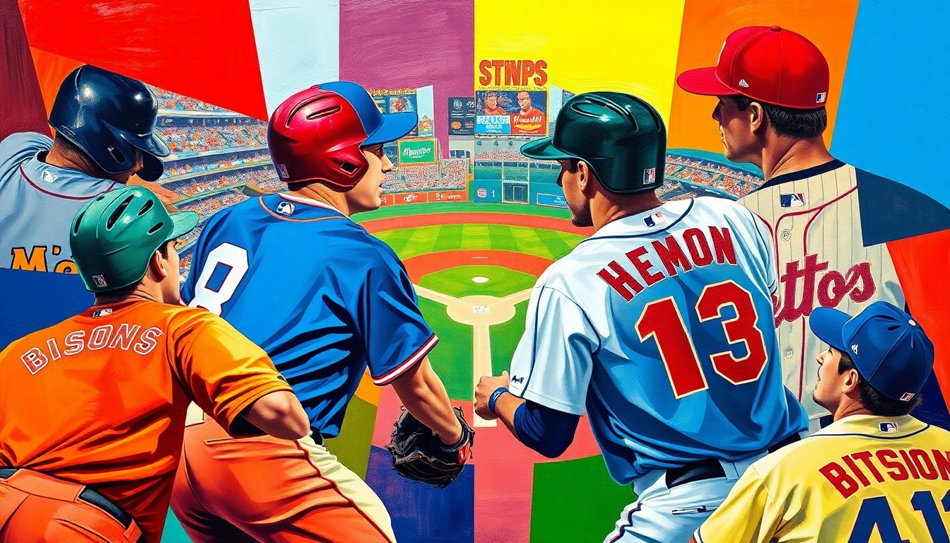 A cubist-style painting depicting a baseball game or match, with the players' forms and movements broken down into sharp, overlapping geometric shapes and planes in vibrant colors.