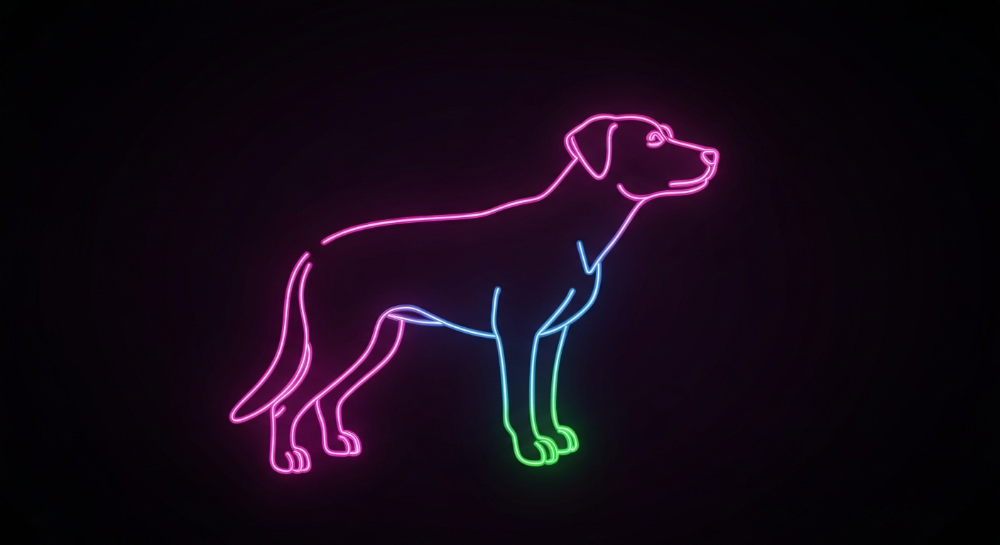 A minimalist illustration in the style of Keith Haring, with a glowing neon outline of a dog performing chest compressions against a dark background, conveying the urgent and vital nature of pet CPR training.
