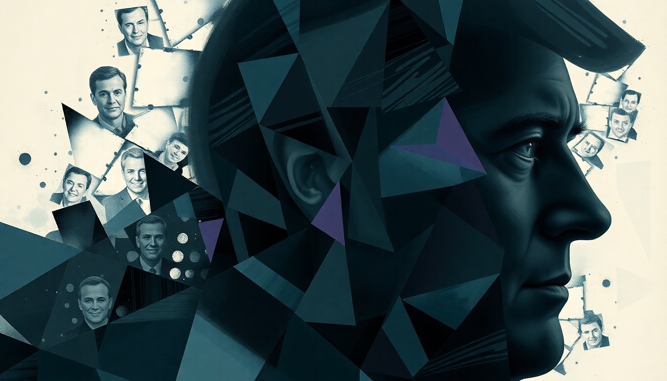 A dynamic, abstract painting featuring the fragmented silhouette of a politician in overlapping waves of dark, moody colors, conveying the sense of a political scandal unfolding.