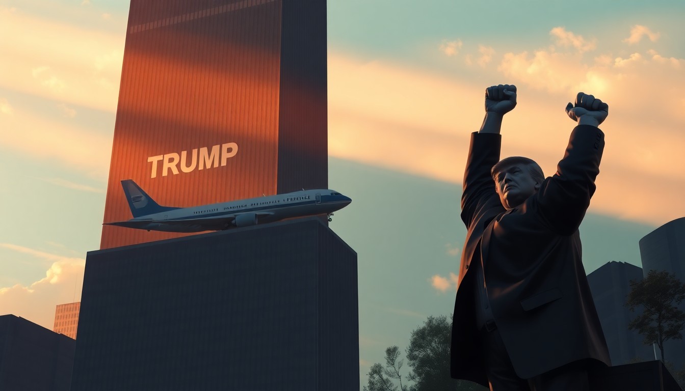 A cinematic painting of a towering skyscraper with the Trump name, bathed in warm sunlight and deep shadows, with a decommissioned Air Force One on the roof and a large statue of Donald Trump raising his fist in the foreground, conceptually illustrating the ambitious and controversial nature of the former president's planned presidential library.