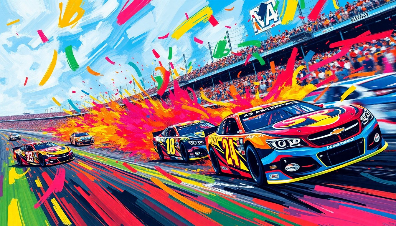 An abstract expressionist painting using vibrant neon brushstrokes to capture the kinetic energy and movement of a NASCAR race, with the cars and drivers blending into a colorful, chaotic scene.