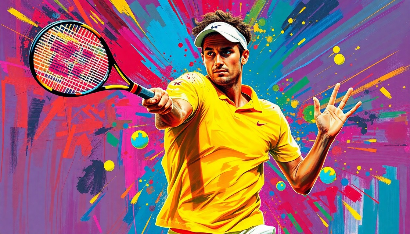 A vibrant, expressionist painting in neon colors depicting the dynamic movement and raw energy of a tennis player, with the player's face and details dissolving into unrecognizable splatters of color.