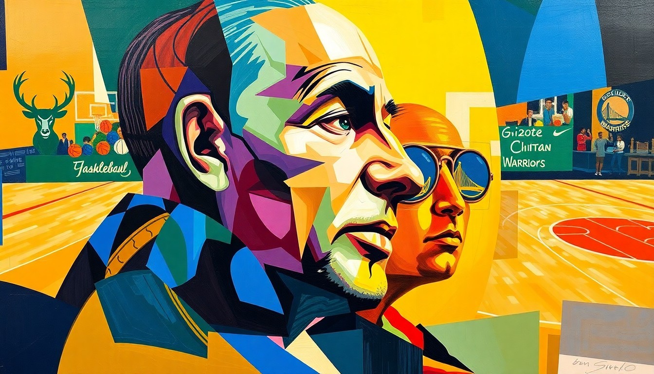 A fractured, cubist-style painting depicting a basketball court scene with overlapping geometric shapes and planes in a vibrant color palette, conceptually representing the dynamic changes and uncertainty surrounding NBA coaching decisions.