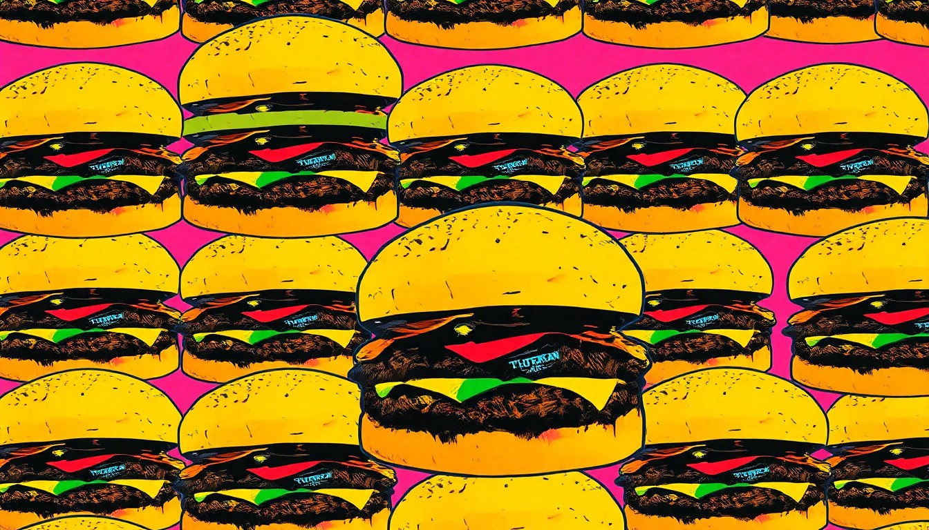 A brightly colored, high-contrast silkscreen print of a single Thurman Cafe burger repeated in a tight grid pattern, utilizing flat, vibrant neon colors and heavy black outlines to transform the beloved menu item into modern pop art.