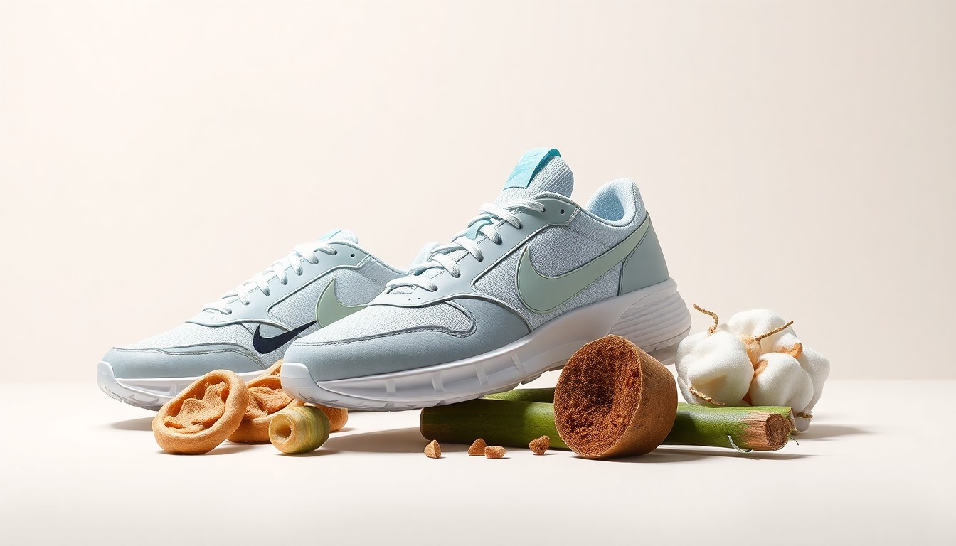 A high-end, photorealistic studio still-life featuring a collection of premium, polished Nike shoe components and materials arranged elegantly on a clean, monochromatic background, conceptually representing the brand's shift towards more sustainable manufacturing practices.