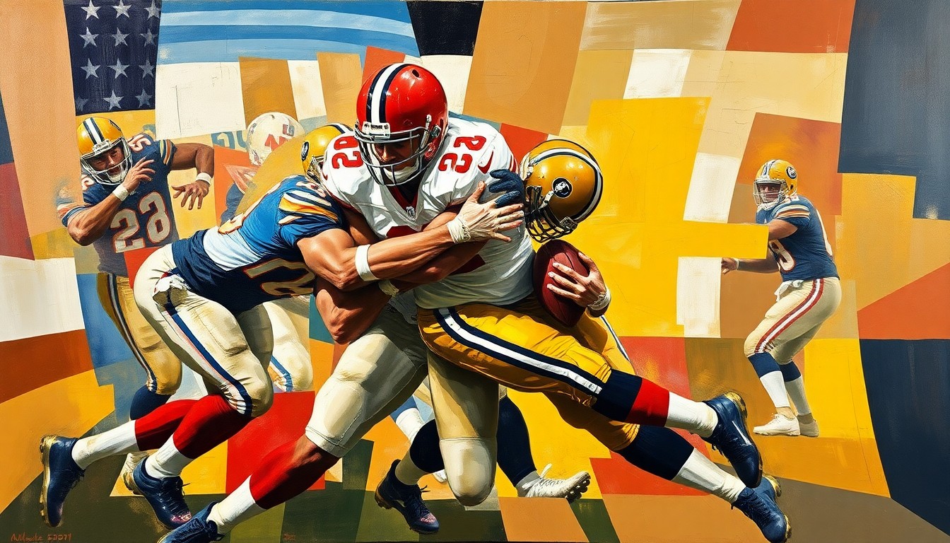 A cubist, geometric painting depicting a defensive lineman sacking a quarterback, with the action broken down into sharp, overlapping planes of color and form.