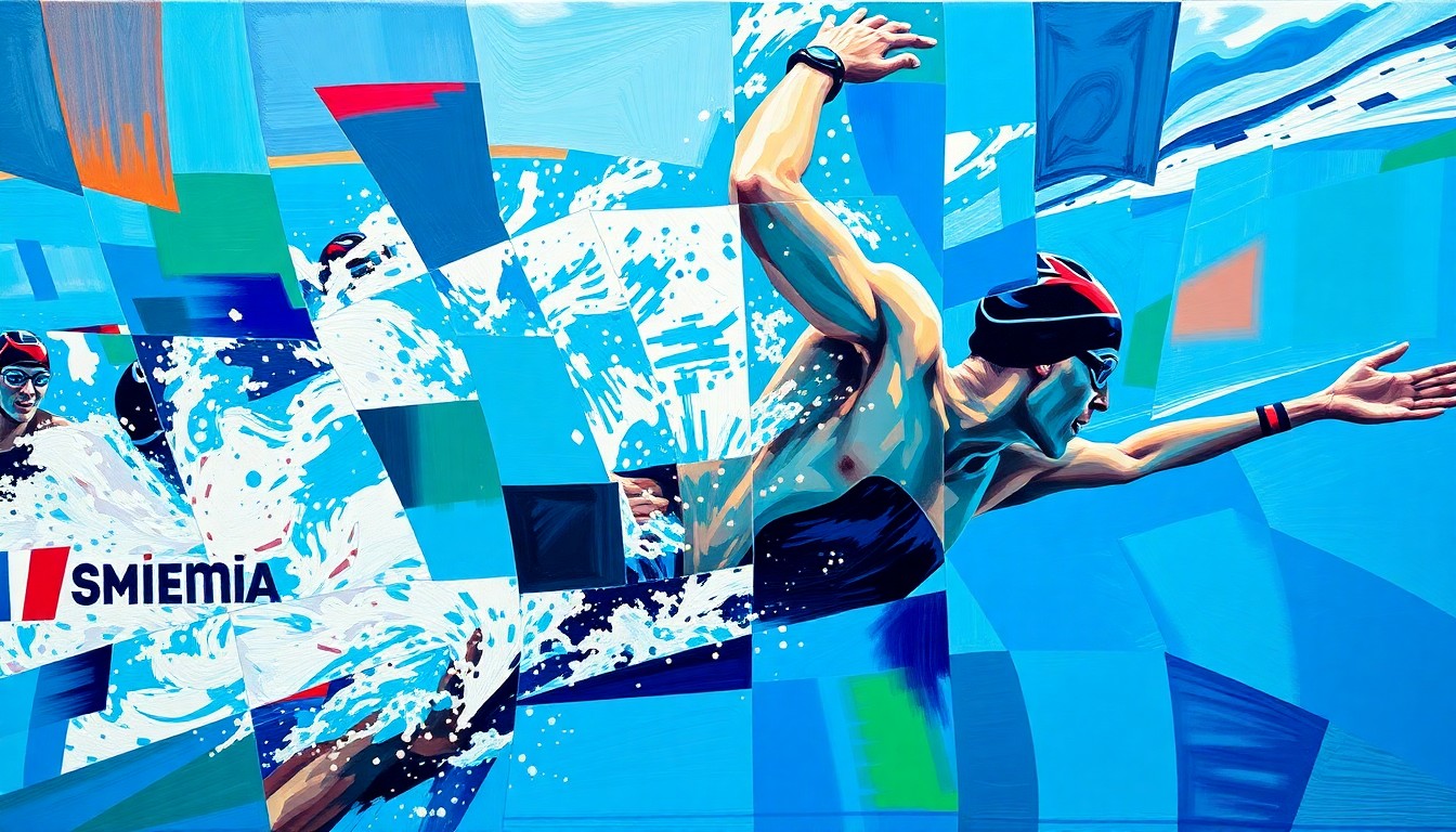 A fractured, geometric painting depicting a swimmer's movements and competition, with sharp, overlapping planes in vibrant blues, greens, and reds that capture the energy and intensity of the sport.