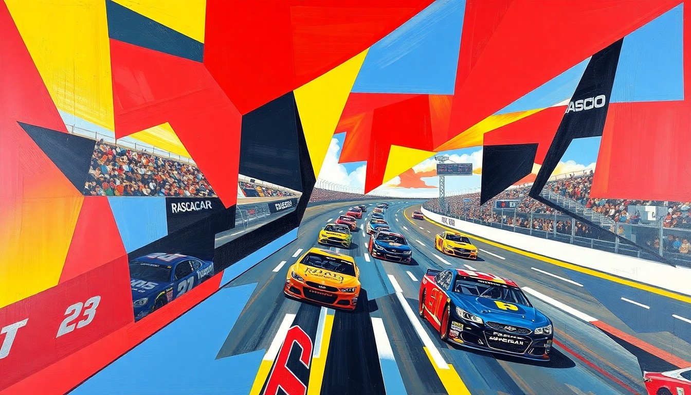 A cubist, geometric painting depicting a NASCAR race scene, with sharp, overlapping planes of color representing the speed and energy of the sport.