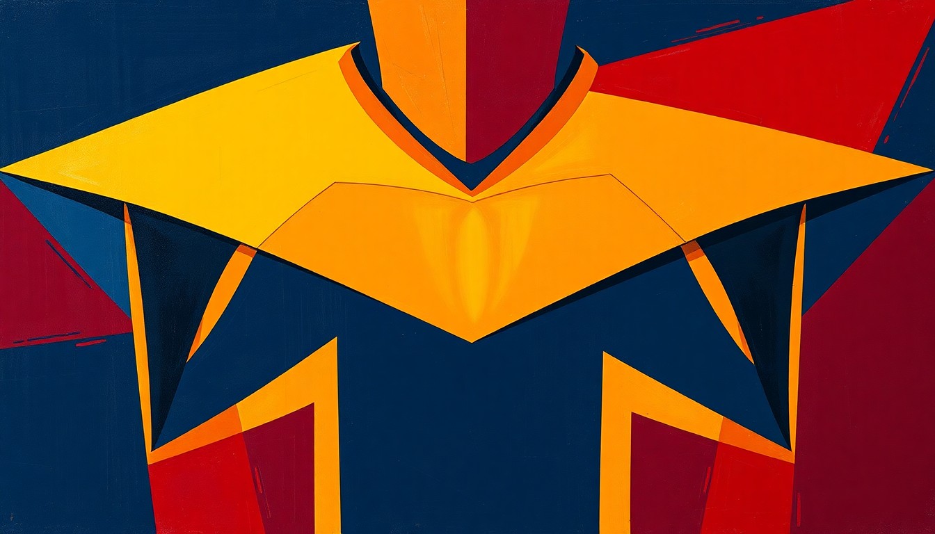 A cubist, geometric illustration depicting the Washington Commanders' new uniform design, with sharp, overlapping planes of burgundy, gold, and navy blue colors.