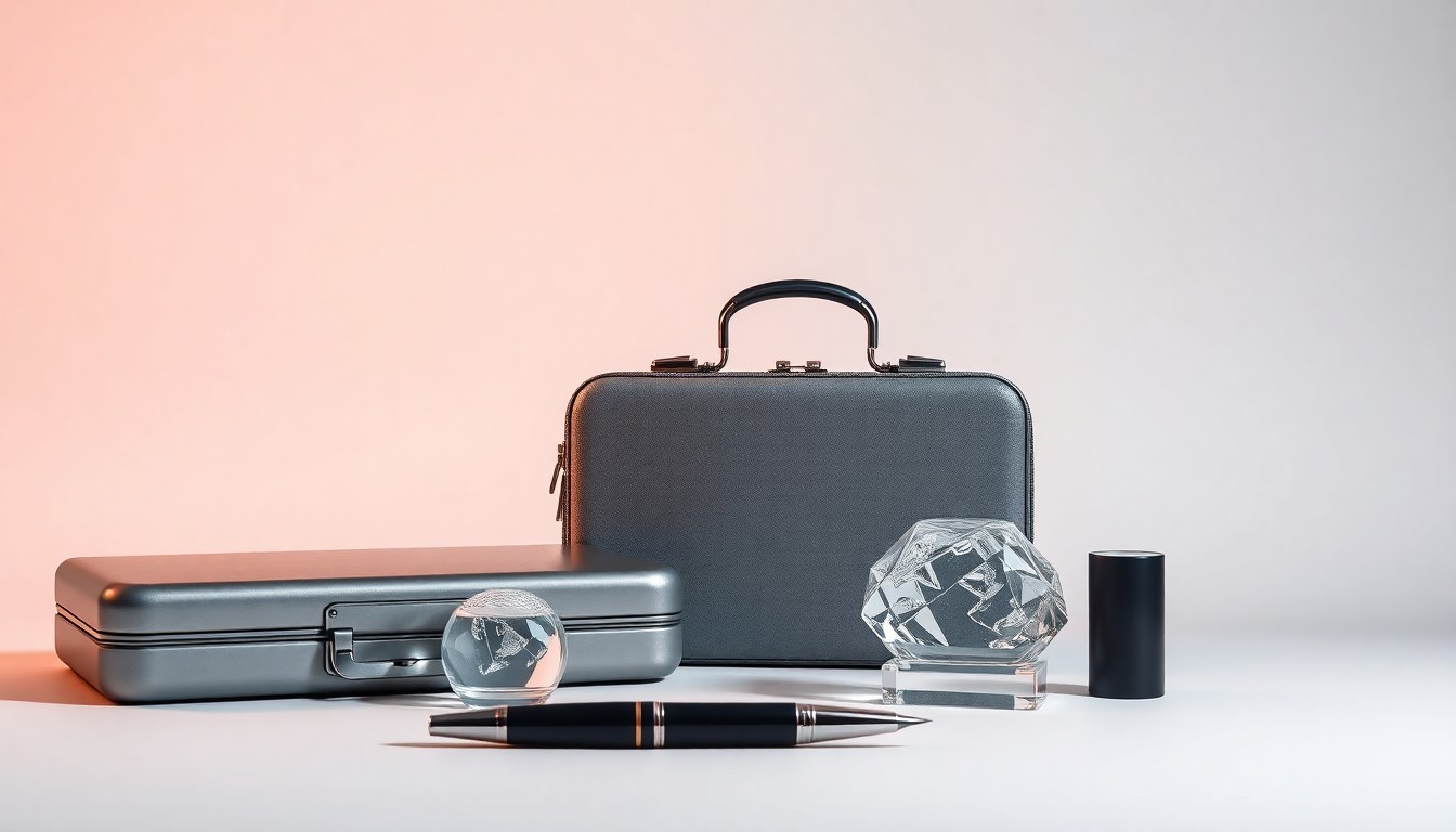 A high-end, photorealistic studio still-life photograph featuring a collection of premium, polished business objects such as a metal briefcase, a glass paperweight, and a sleek fountain pen, all arranged elegantly on a clean, monochromatic seamless background with dramatic lighting and sharp shadows.