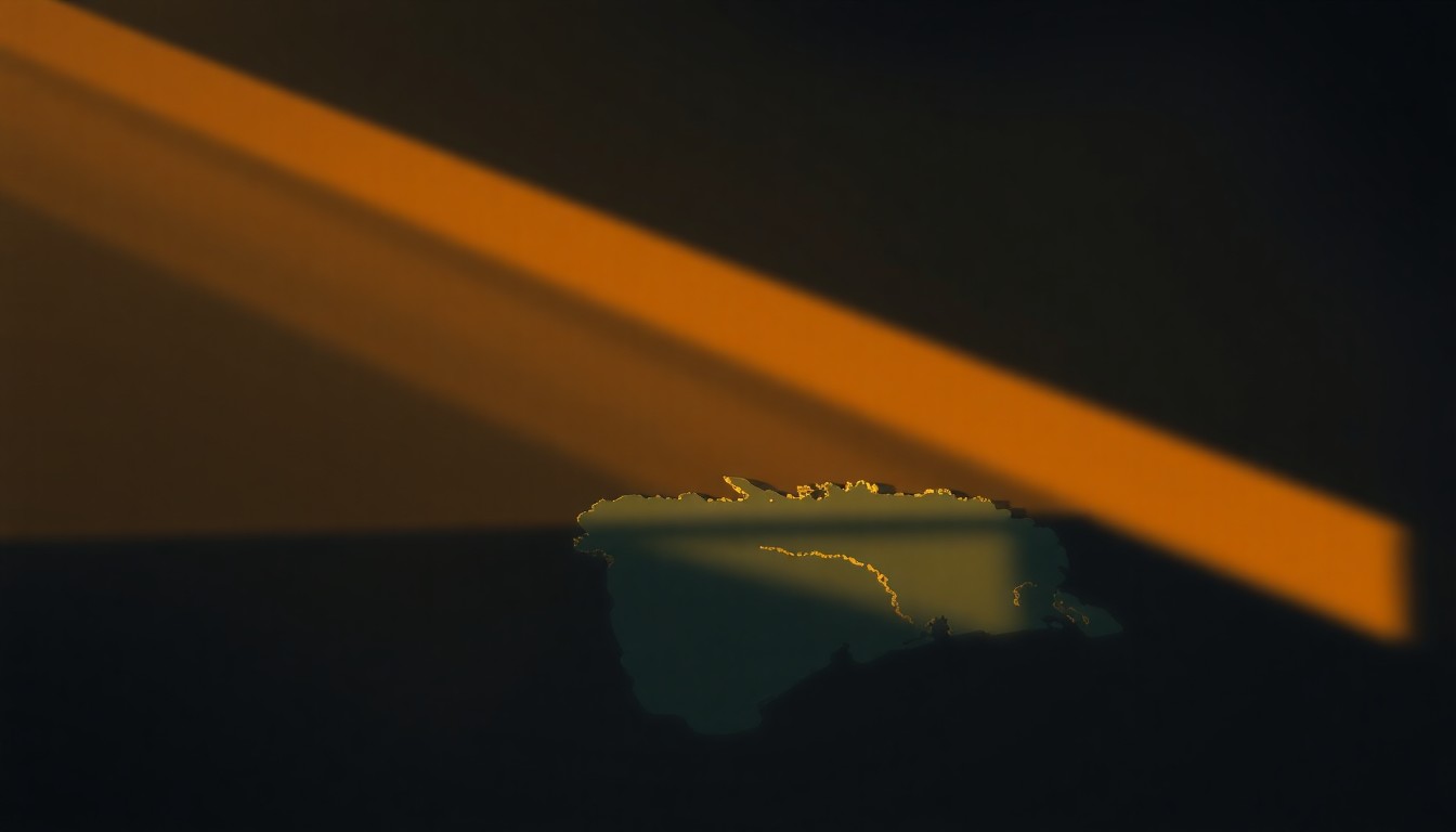 A serene, photorealistic painting depicting a solitary political map of Greenland, its edges softly illuminated by warm, golden light and surrounded by deep, moody shadows, conveying a sense of contemplation and geopolitical significance.